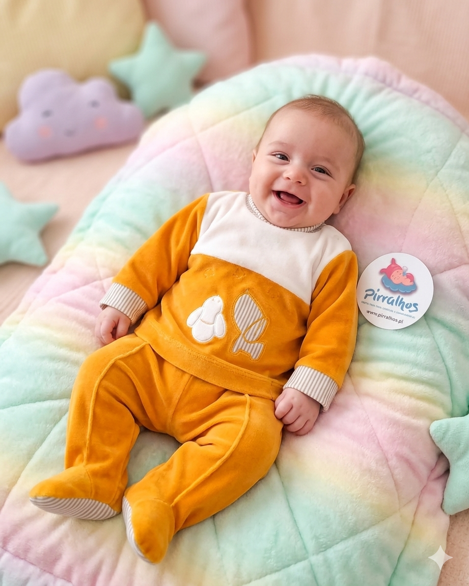 Bebé de fato mostarda posado em almofada macia colorida com almofadas em forma de nuvem e estrelas