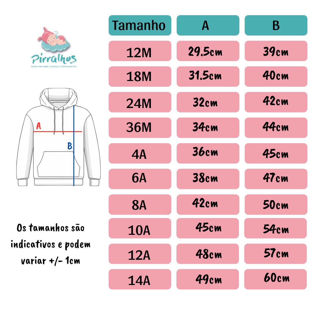 Tabela de tamanhos para roupa com medidas A e B e logótipo Pirralhos com bebé a dormir