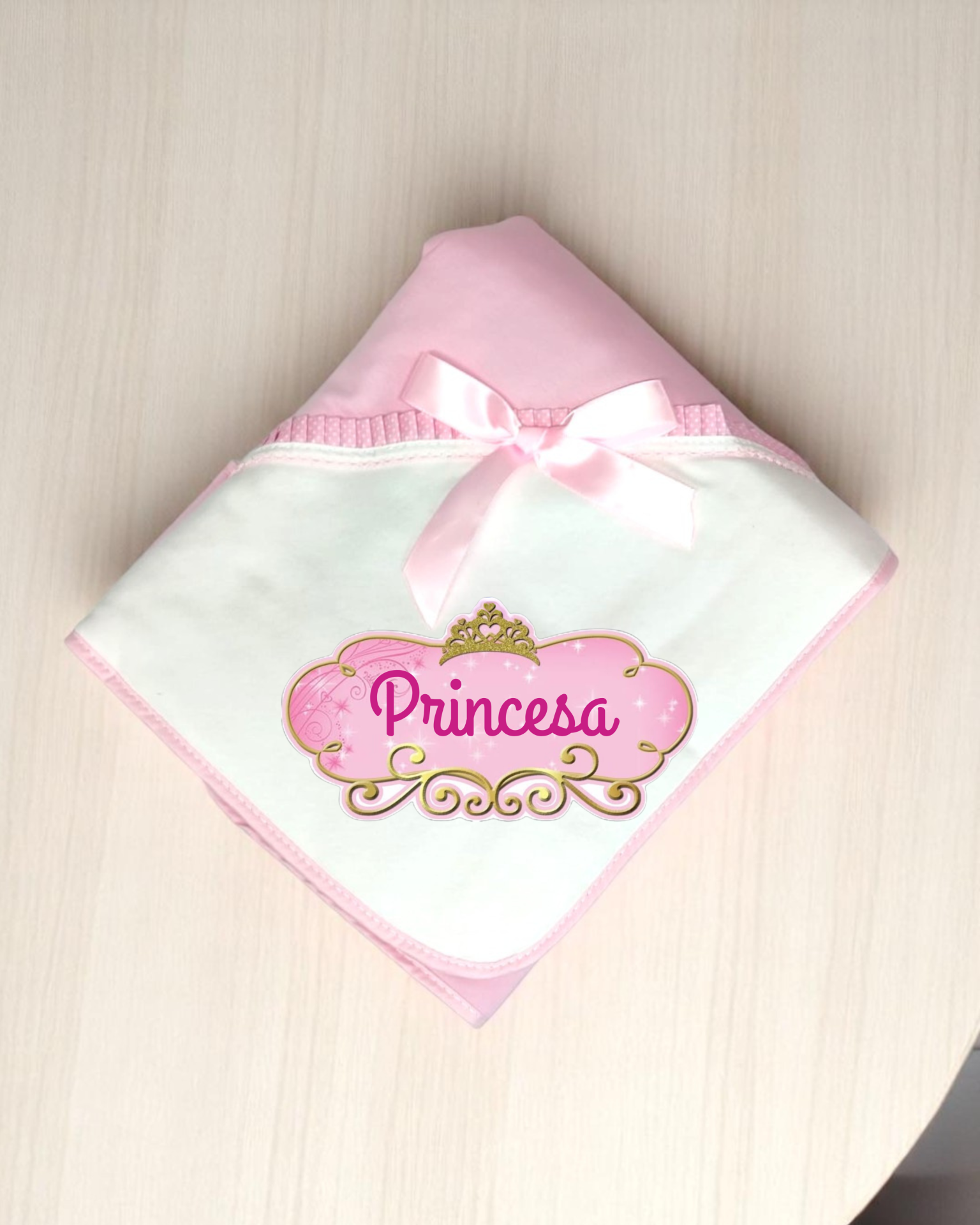 Toalha de bebé branca e rosa com laço e bordado 'Princesa'