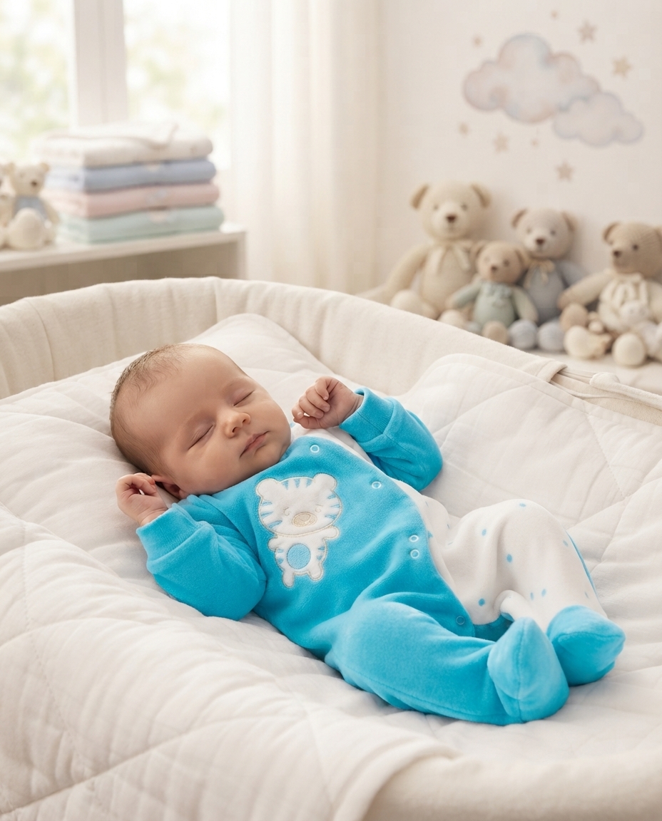 Bebé a dormir em pijama azul com padrão de ursinho, num colchão branco, com ursinhos de peluche ao fundo.