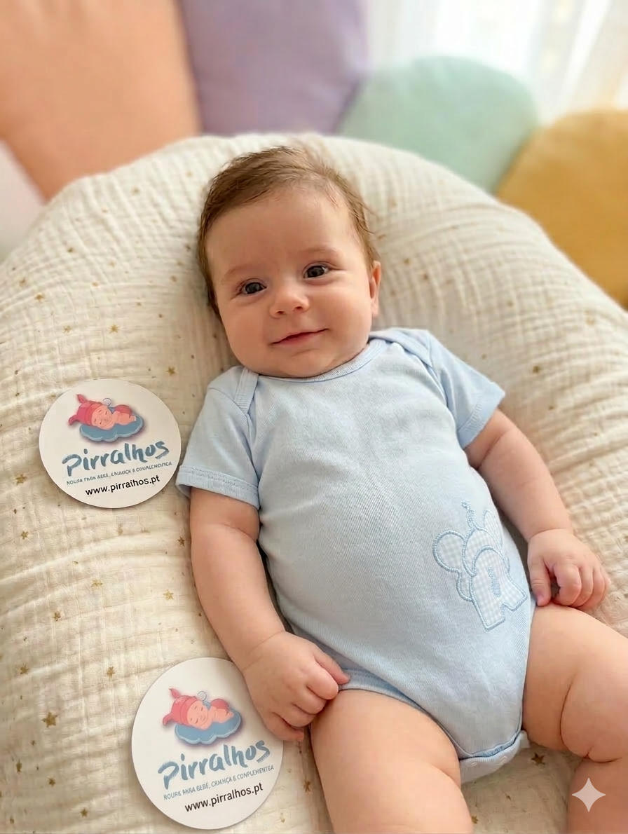 Bebé de body azul claro deitado numa almofada creme com estrelas douradas junto a cartões redondos da marca Pirralhos