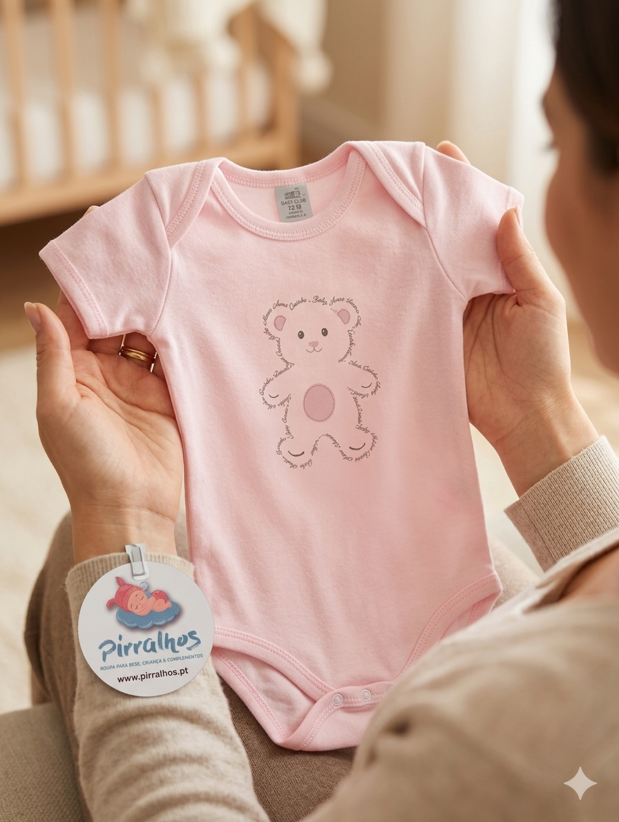 Body rosa claro para bebé com estampa de ursinho em texto e detalhes cor de rosa.