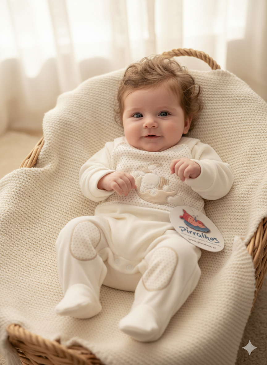 Bebé com fato creme e bege claro sentado numa cadeira de vime com manta creme