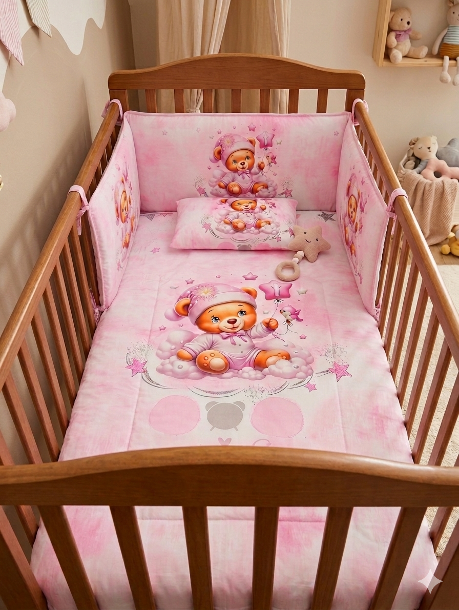 Berço de madeira com roupa de bebé cor-de-rosa com ursinhos e estrelas