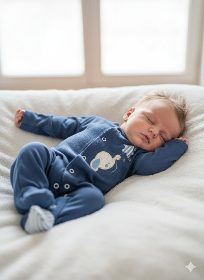 Bebé a dormir com fato azul com elefante no peito