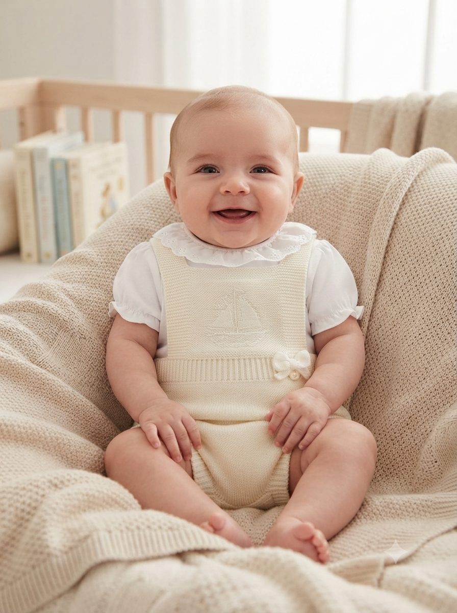 Bebé vestido de branco e creme sentado em manta de malha bege num sofá, com berço e livros ao fundo.