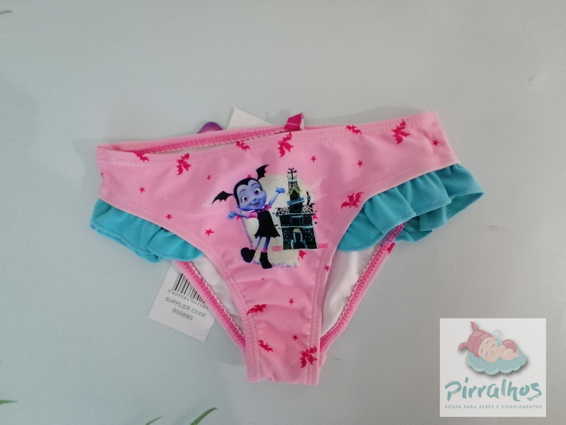 Calções de banho infantis rosa com personagem Vampirina e folhos azuis