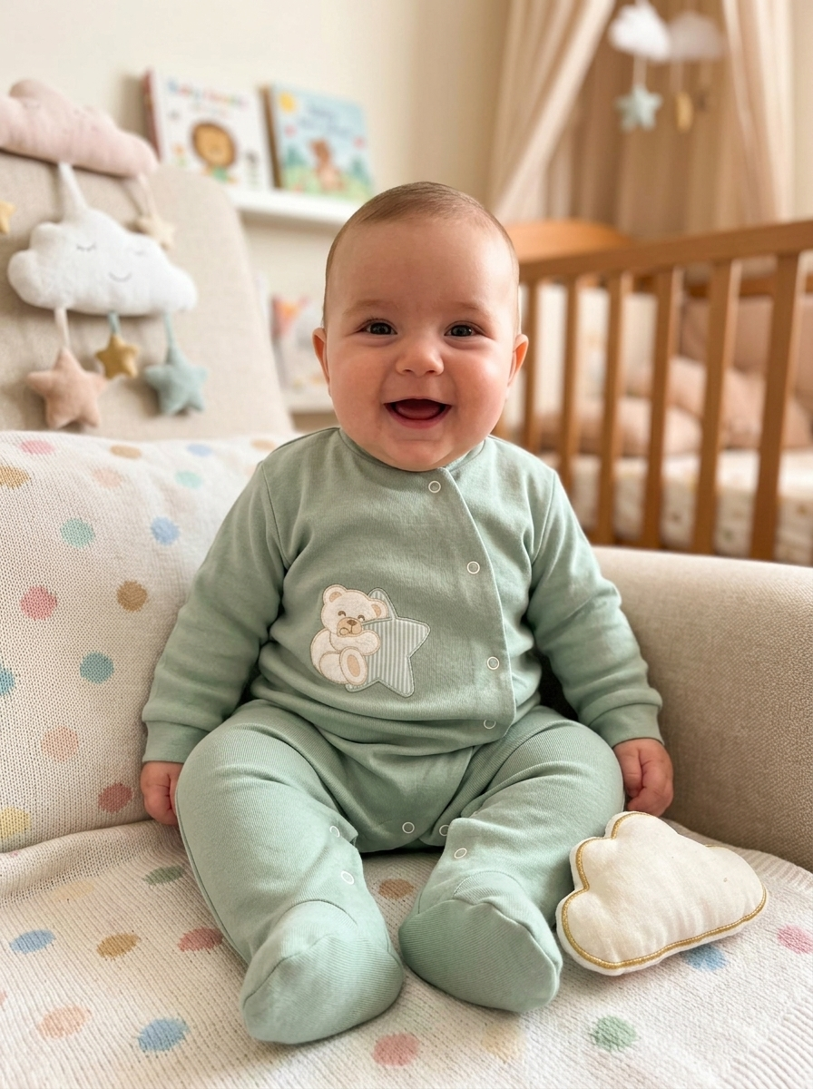 Bebé a sorrir vestido com babygrow verde água sentado num sofá com padrão de pontos coloridos