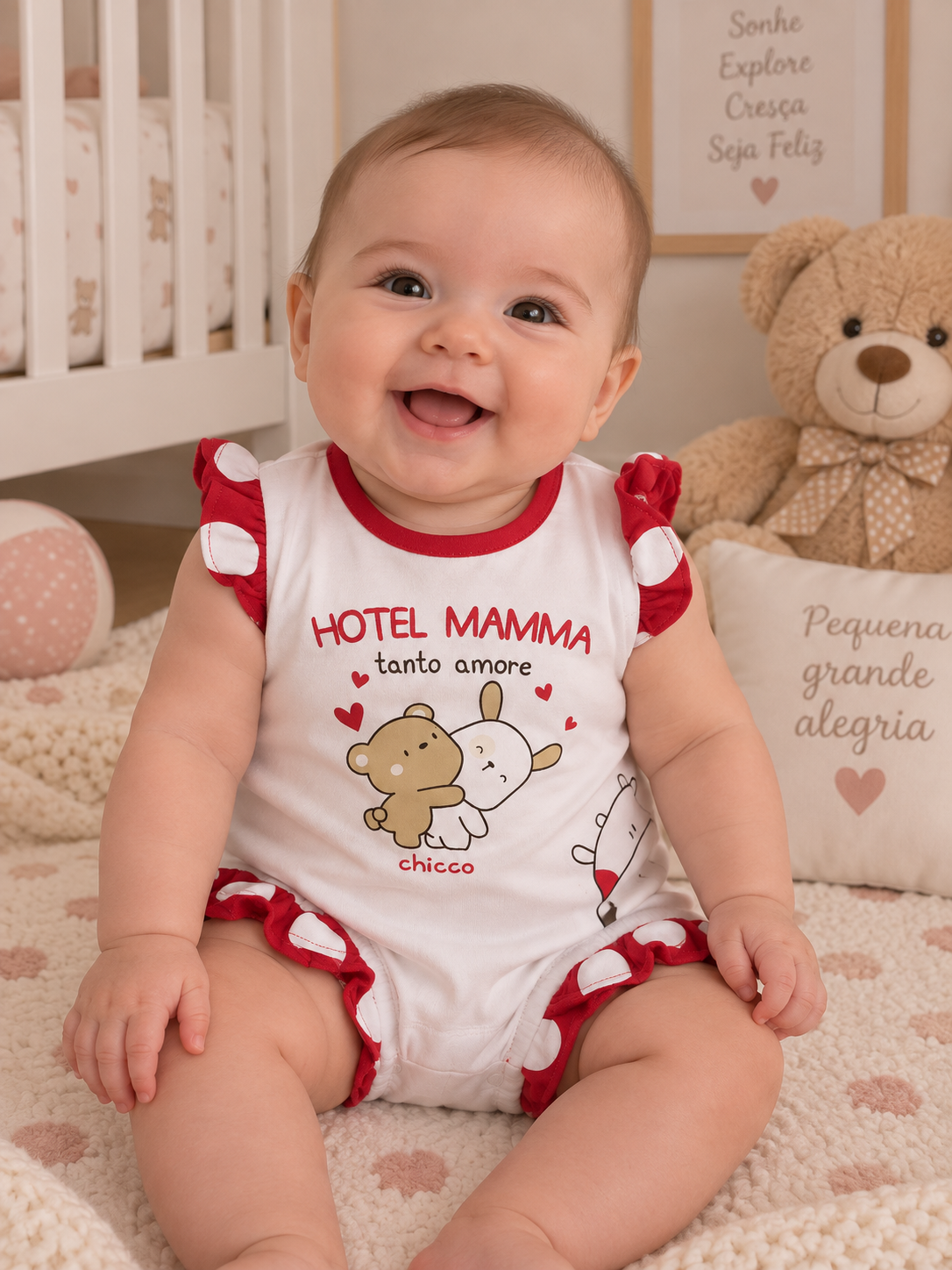 Body de bebé branco com estampado de ursinho e coelho e texto, em quarto infantil com peluche e almofada.