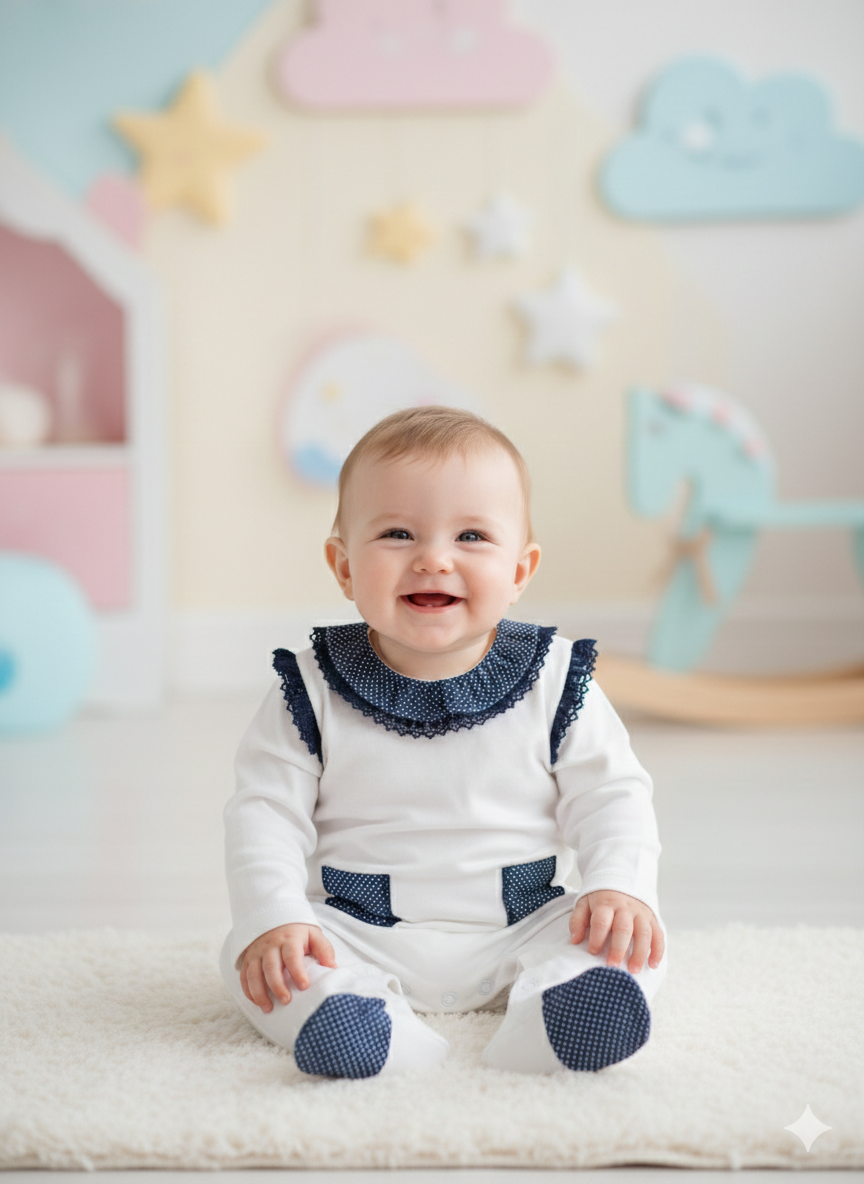 Bebé sentado com macacão branco e detalhes azuis com padrão de pontos, em tapete creme, com decoração de estrelas e nuvens ao fundo.