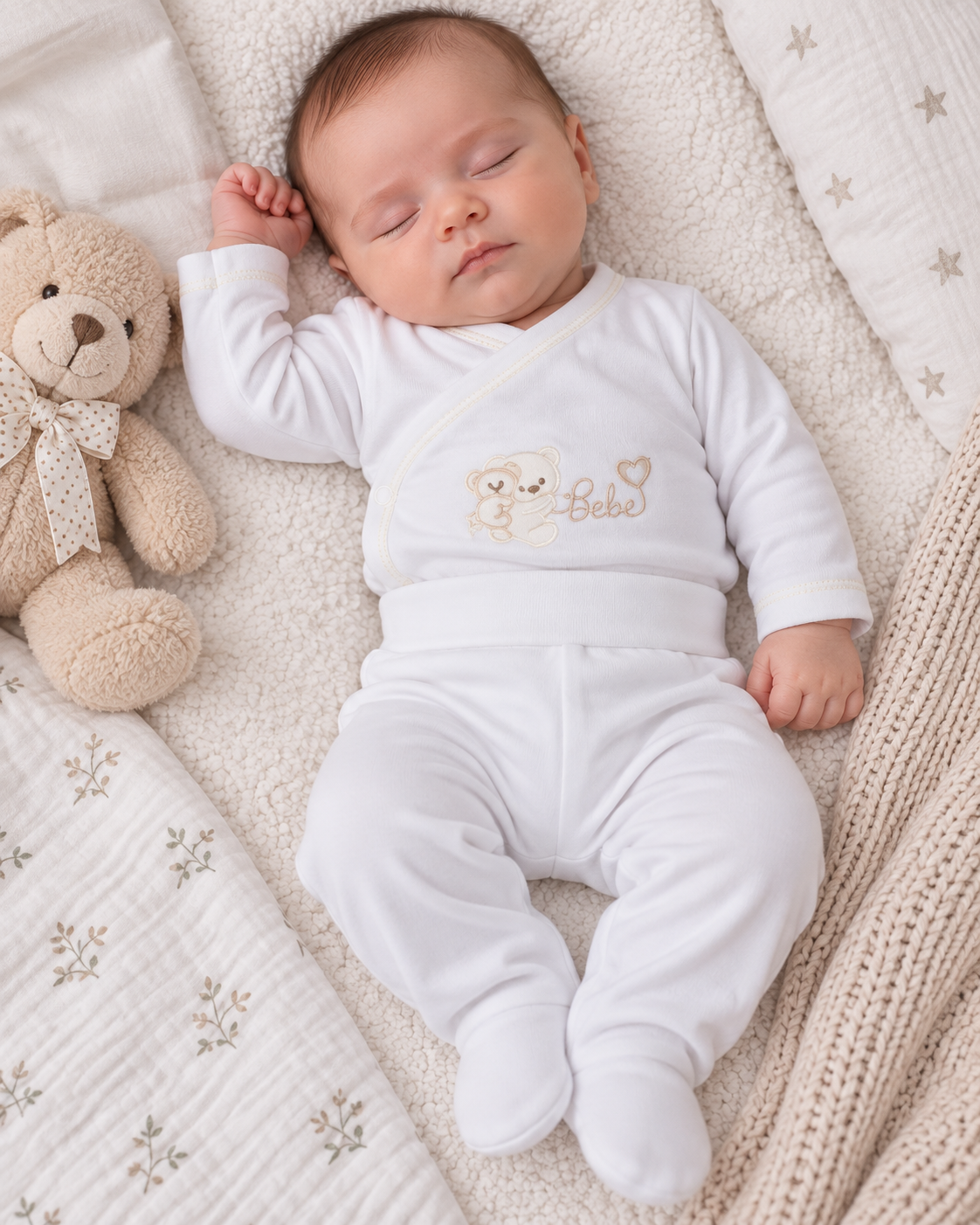 Macacão branco de bebé com ursinhos bordados e texto bebe ao lado de ursinho de peluche e mantas.