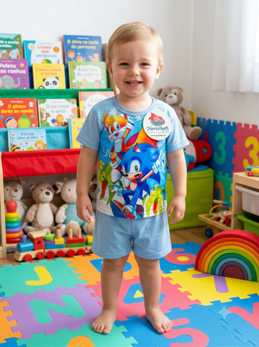 Criança sorridente com roupa azul clara com estampado Sonic e Tails, em quarto com brinquedos e livros infantis.