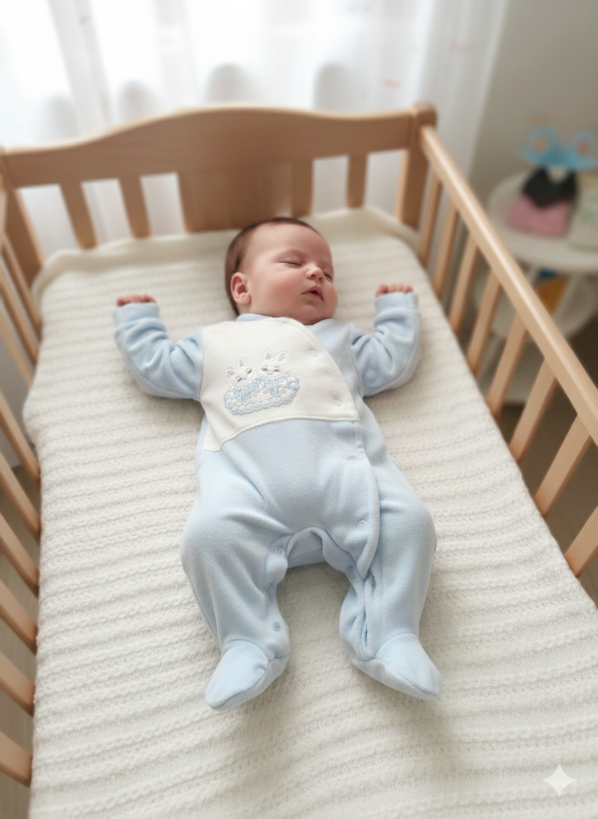 Bebé a dormir num berço de madeira com fato azul claro e branco com coelhos bordados