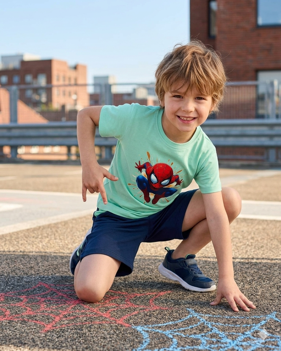 Menino com t-shirt do Homem-Aranha e calções azuis ajoelhado num pavimento com teias de aranha de giz