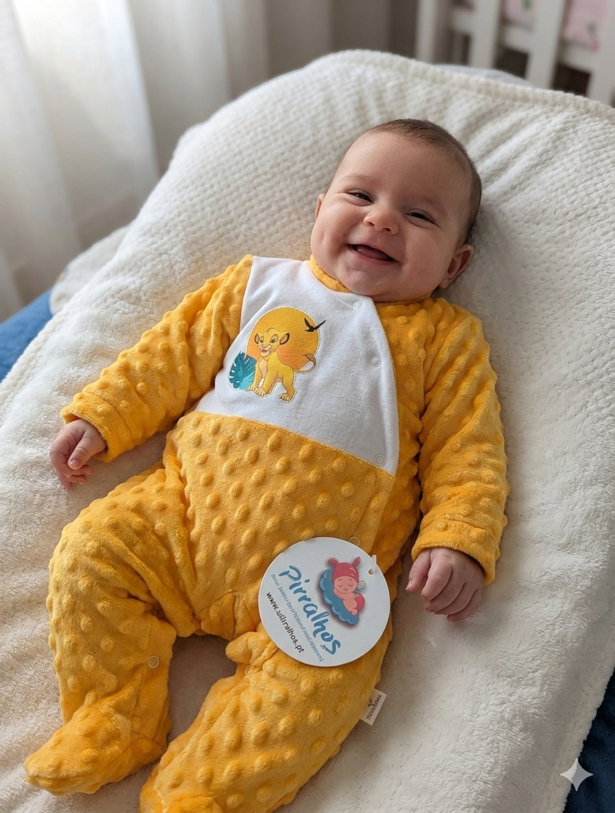 Bebé sorridente a usar macacão amarelo texturizado com personagem simba estampado