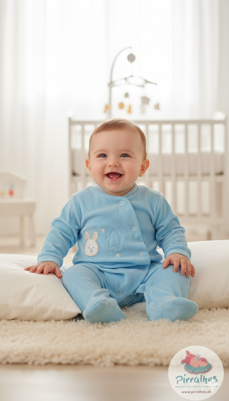 Bebé sorridente com pijama azul em ambiente de quarto de bebé