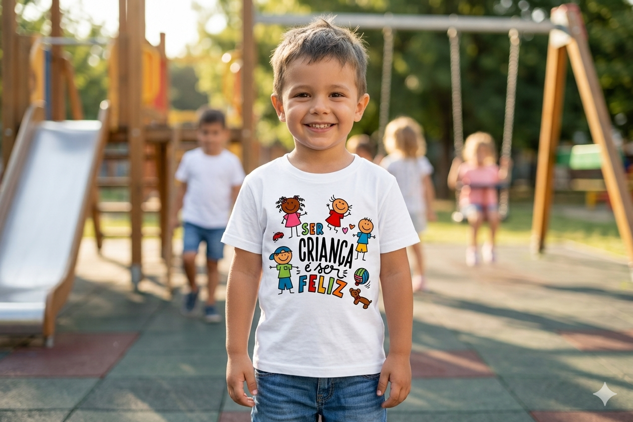 Camisola branca com desenho e frase para criança num parque infantil