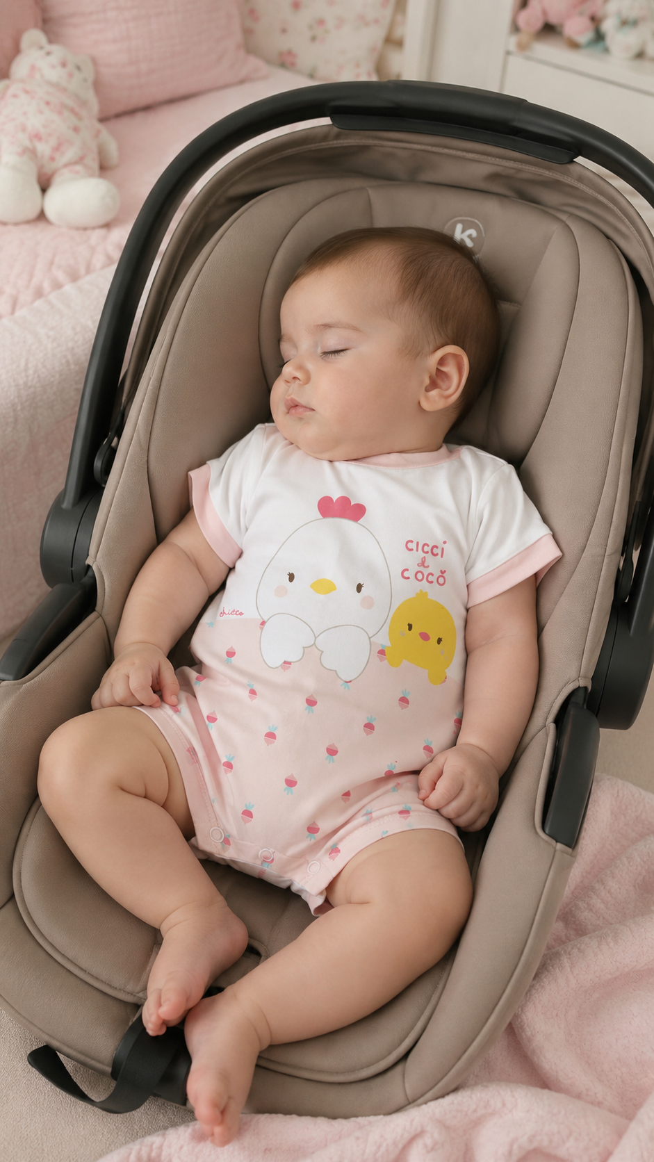 Bebé vestido com fato branco e rosa com desenhos de galinha e pintainho a dormir numa alcofa cinzenta clara