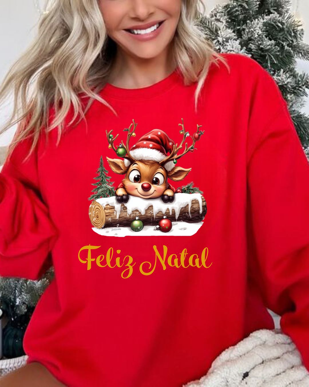 Sweatshirt vermelha com estampa de rena de Natal e texto 'Feliz Natal'