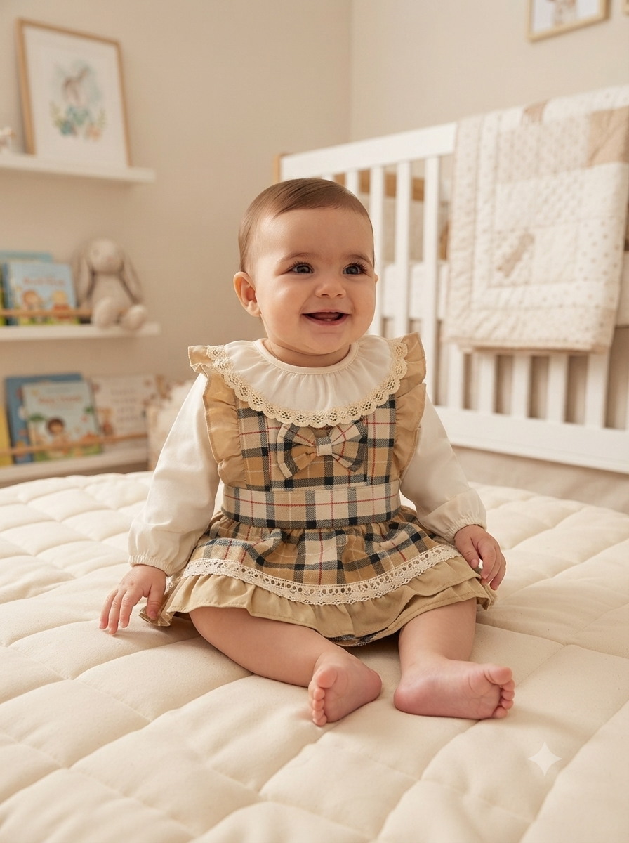 Bebé com vestido xadrez castanho e creme sentado numa cama bege clara em quarto de bebé com berço branco