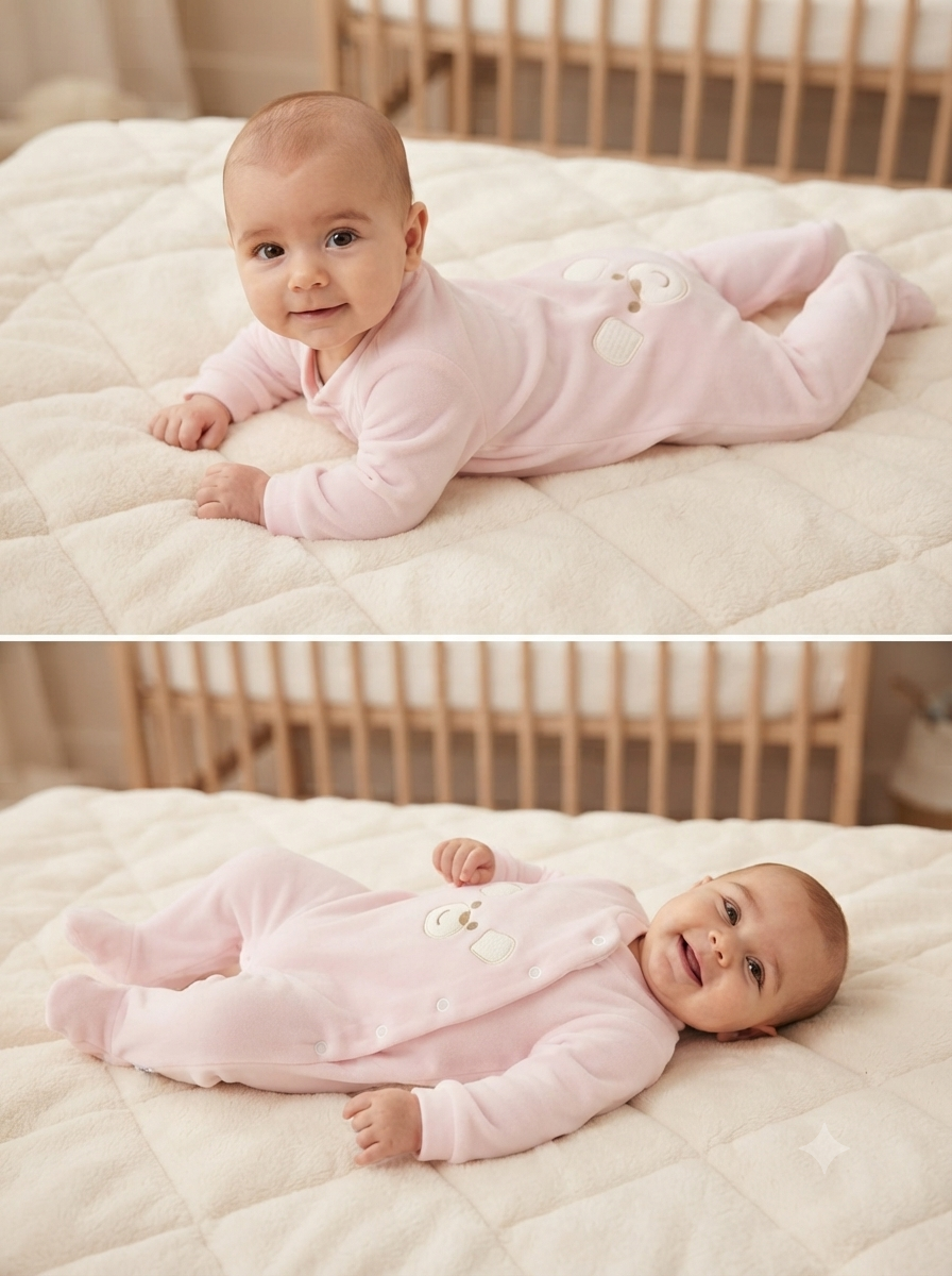 Bebé em pijama rosa com ursinho numa cama branca acolchoada