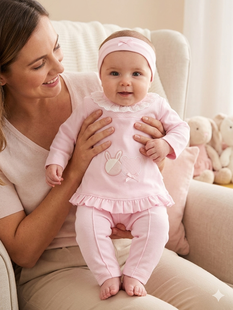 Bebé com conjunto rosa e faixa de cabeça, segurada pela mãe numa poltrona bege claro.