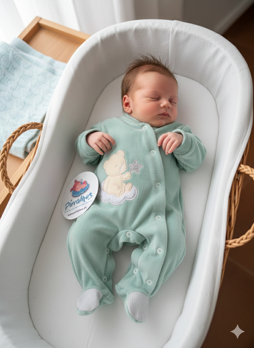 Bebé com macacão verde deitado numa alcofa branca