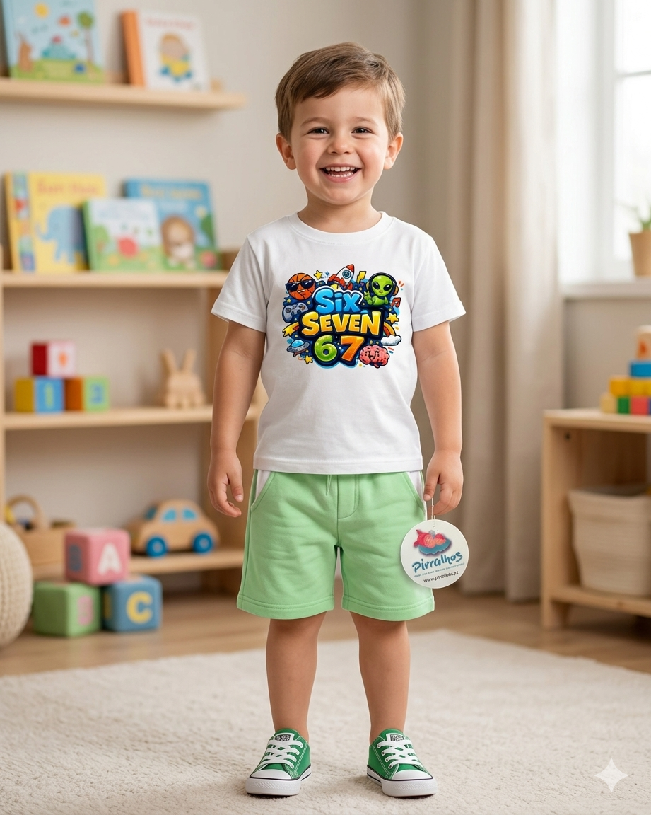 Camisola branca com estampado colorido SIX SEVEN 6 7 em criança com calções verdes e tênis verdes