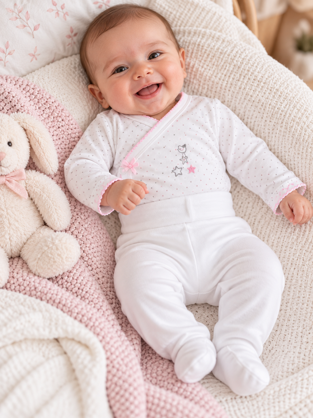 Bebé com babygrow branco com pintas cor de rosa deitado com manta e urso de peluche.