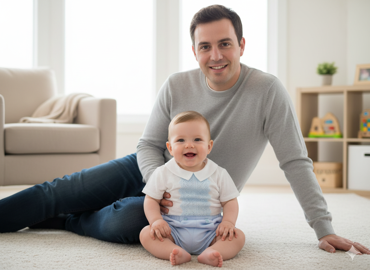 Bebé com macacão branco e azul sentado com adulto atrás no chão de carpete clara em sala com sofá e estante