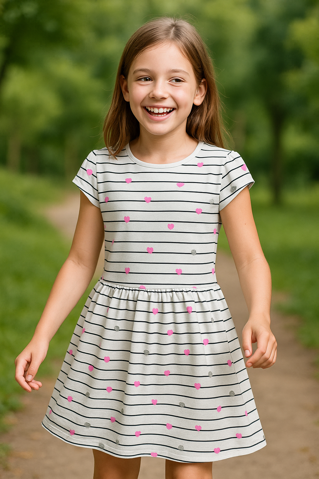 Menina com vestido branco de riscas pretas e corações rosa ao ar livre