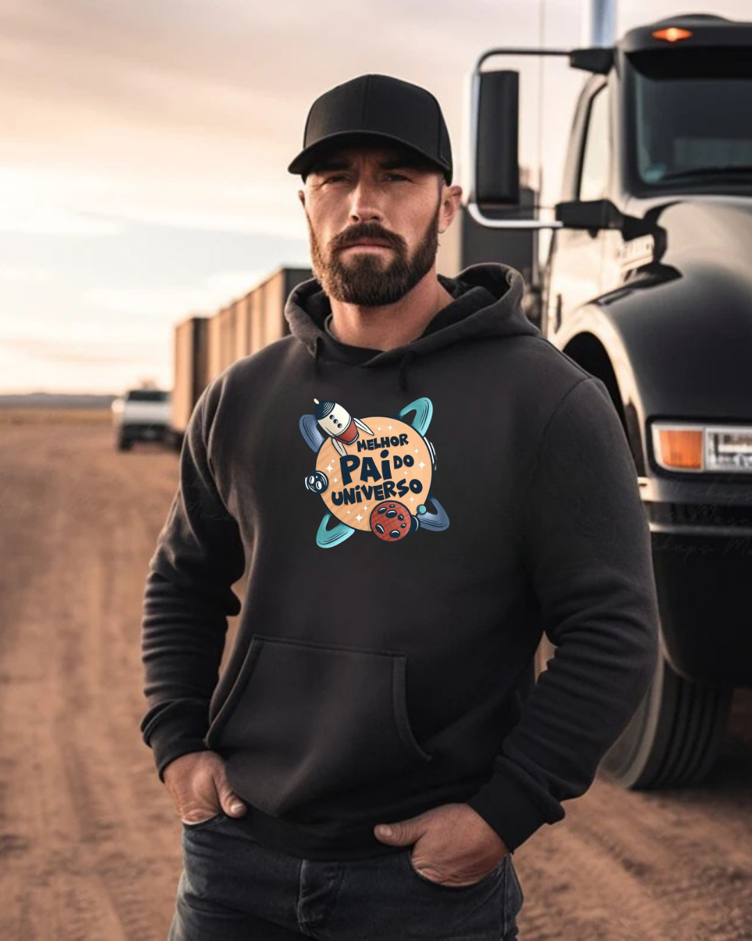 Homem de casaco preto com estampa 'Melhor Pai do Universo' junto a camião