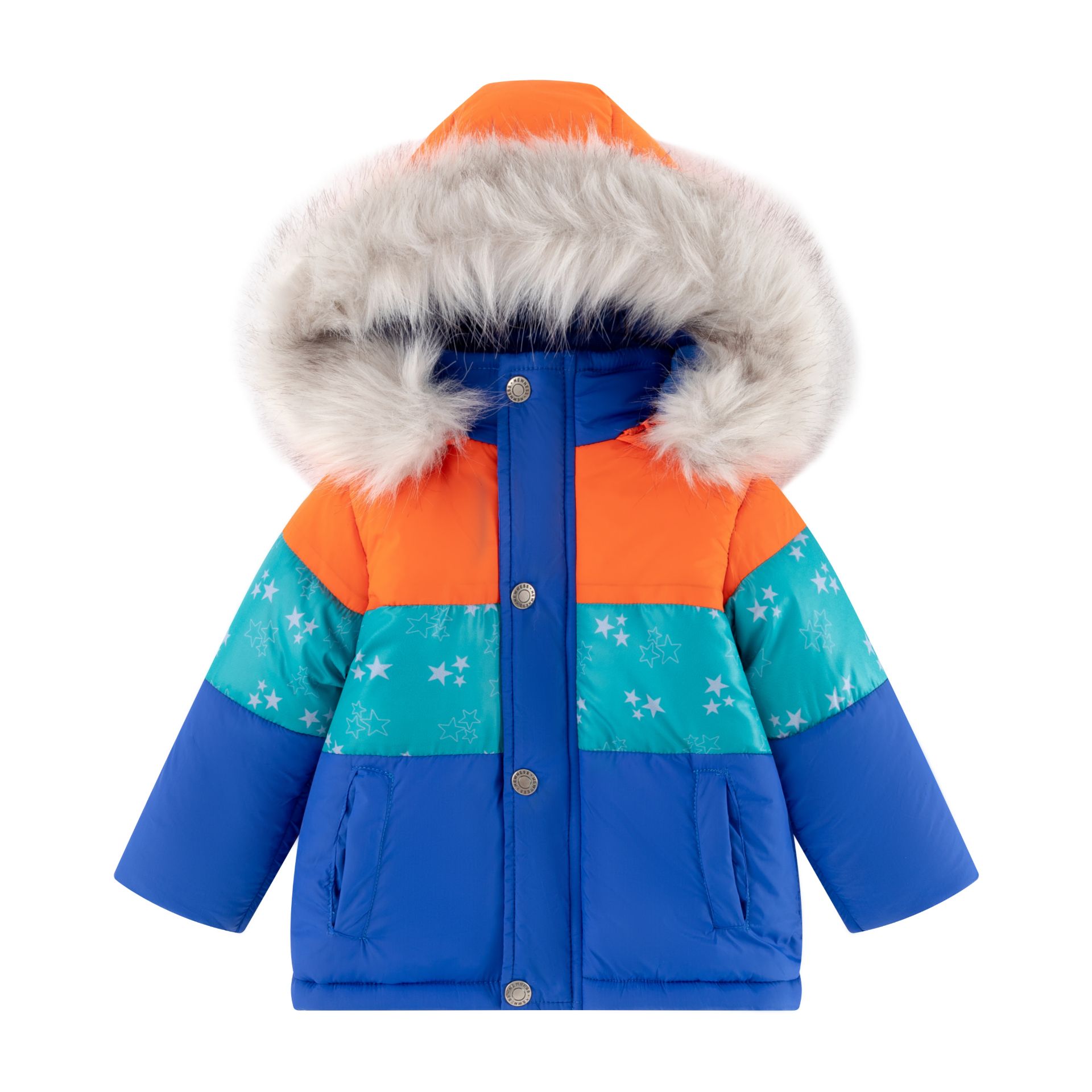 Casaco de criança acolchoado colorido com capuz forrado a pêlo sintético cinzento