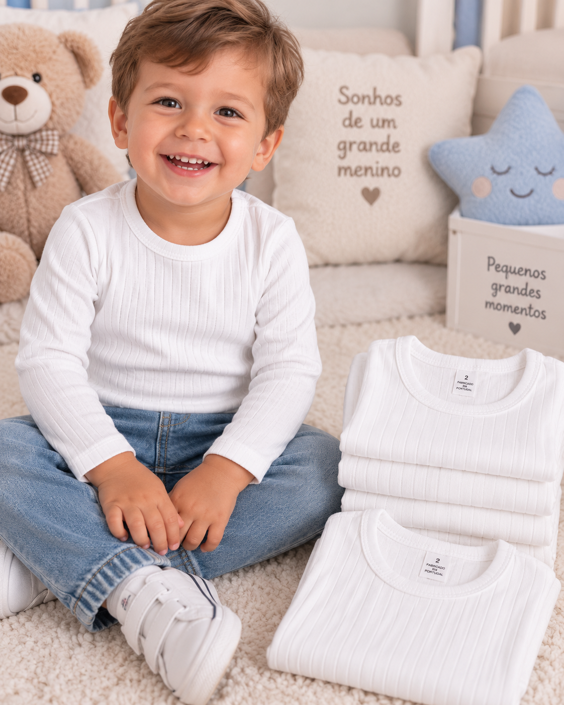 Camisola branca de malha canelada para criança