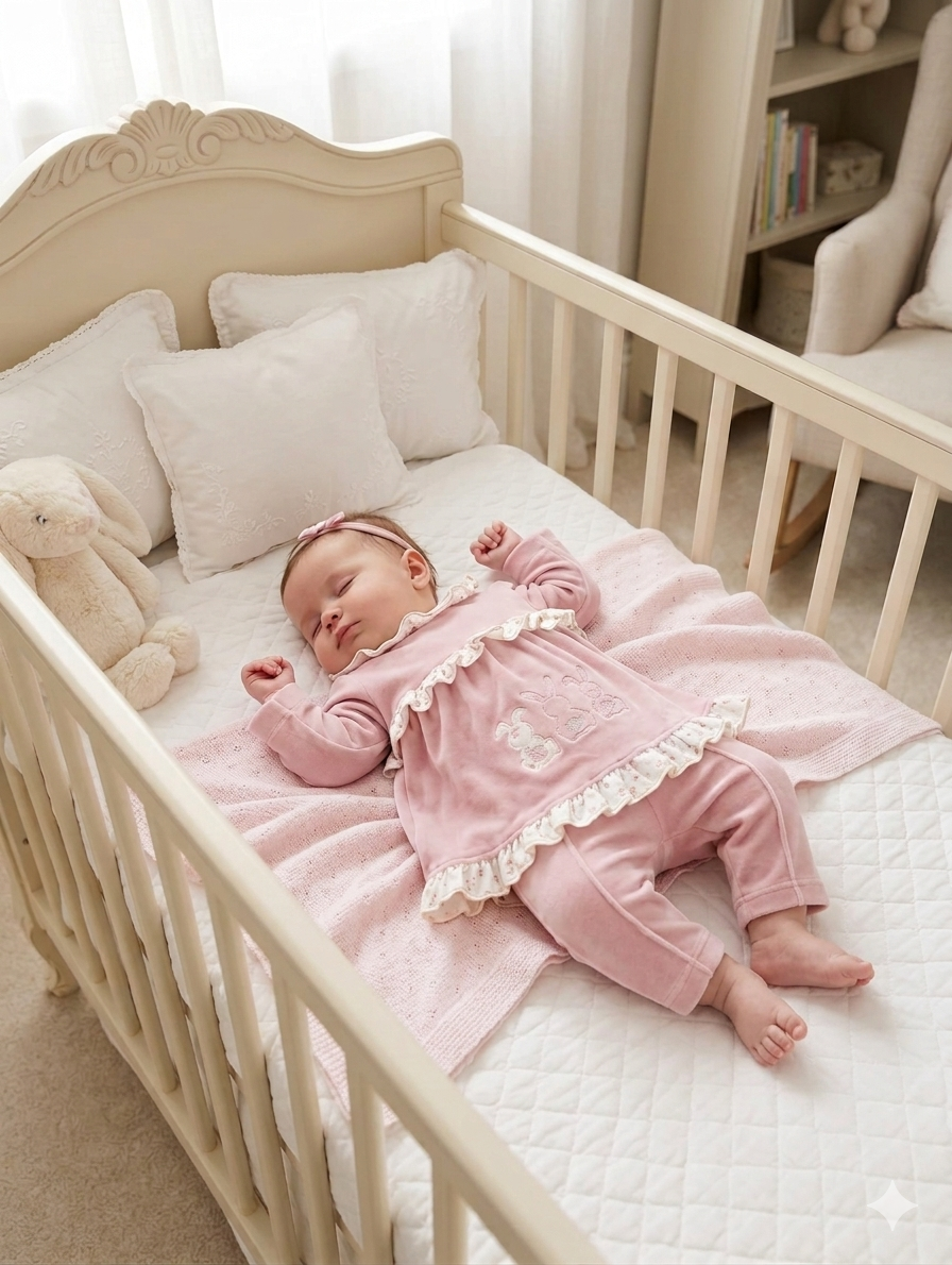 Bebé a dormir num berço branco com roupa rosa e brinquedo de pelúcia coelho