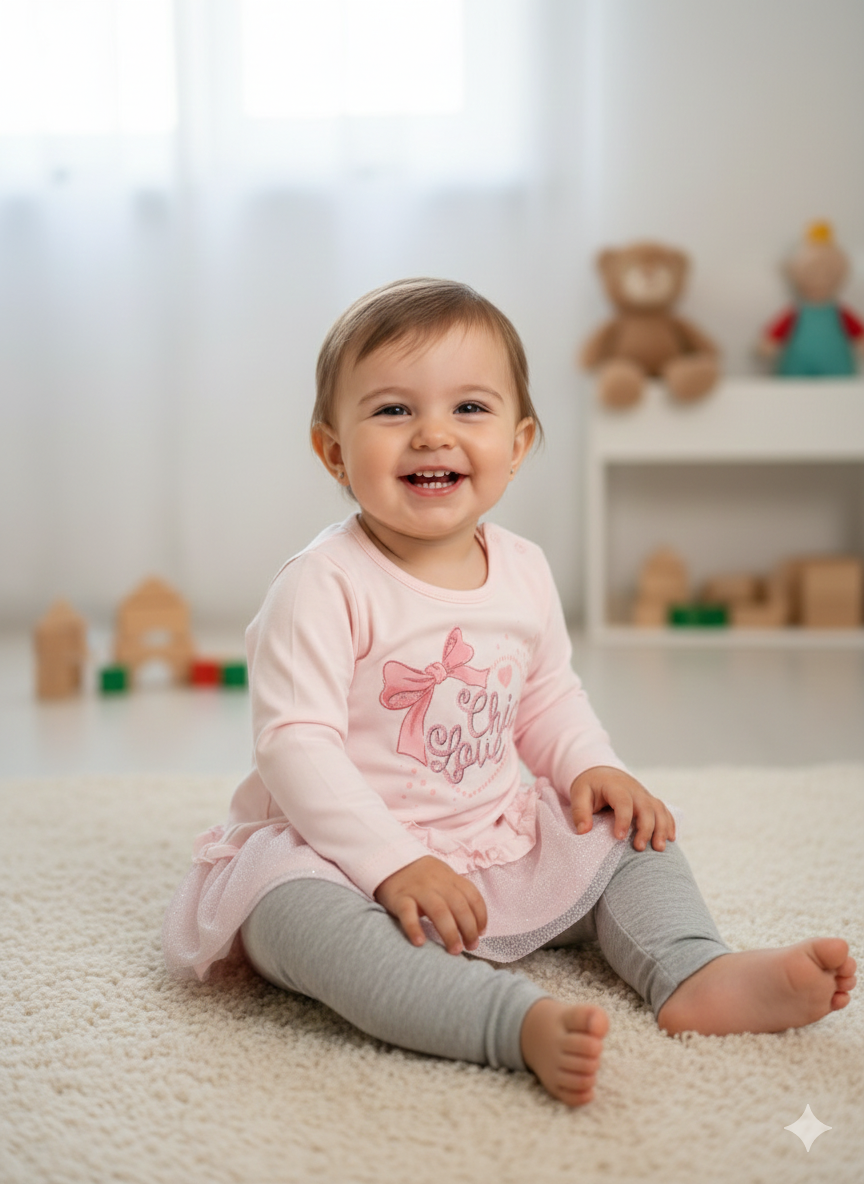 Bebé sorridente vestindo vestido rosa claro com texto e leggings cinzentas sentada em tapete branco
