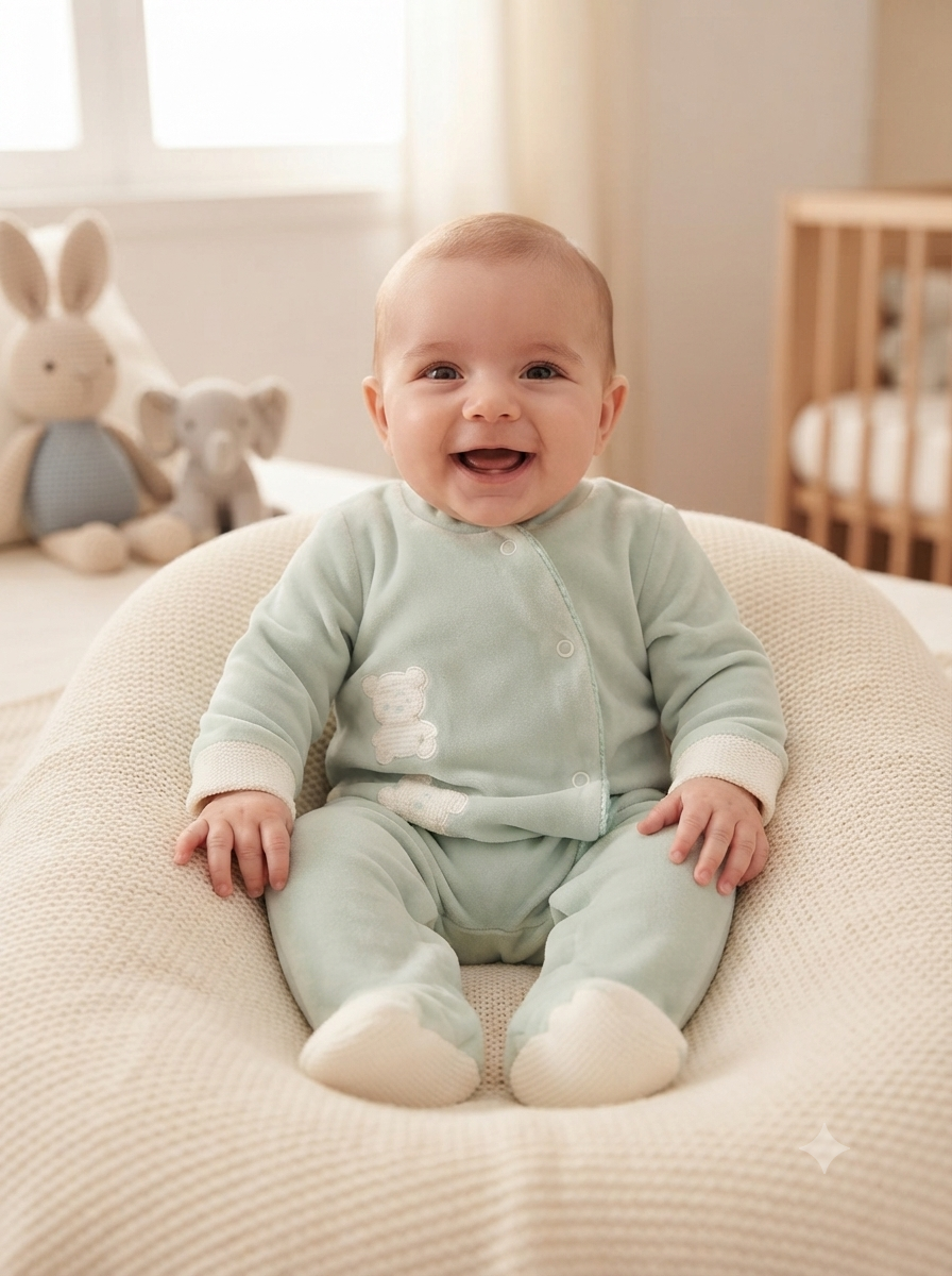 Bebé sorridente em pijama verde num suporte almofadado bege