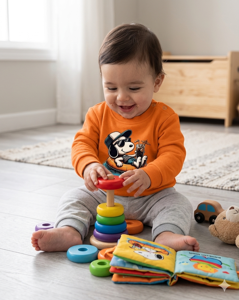 Bebé com camisola laranja a brincar com brinquedos coloridos no chão