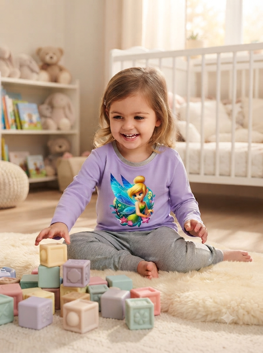 Menina pequena sentada a brincar com blocos de construção coloridos num quarto infantil.
