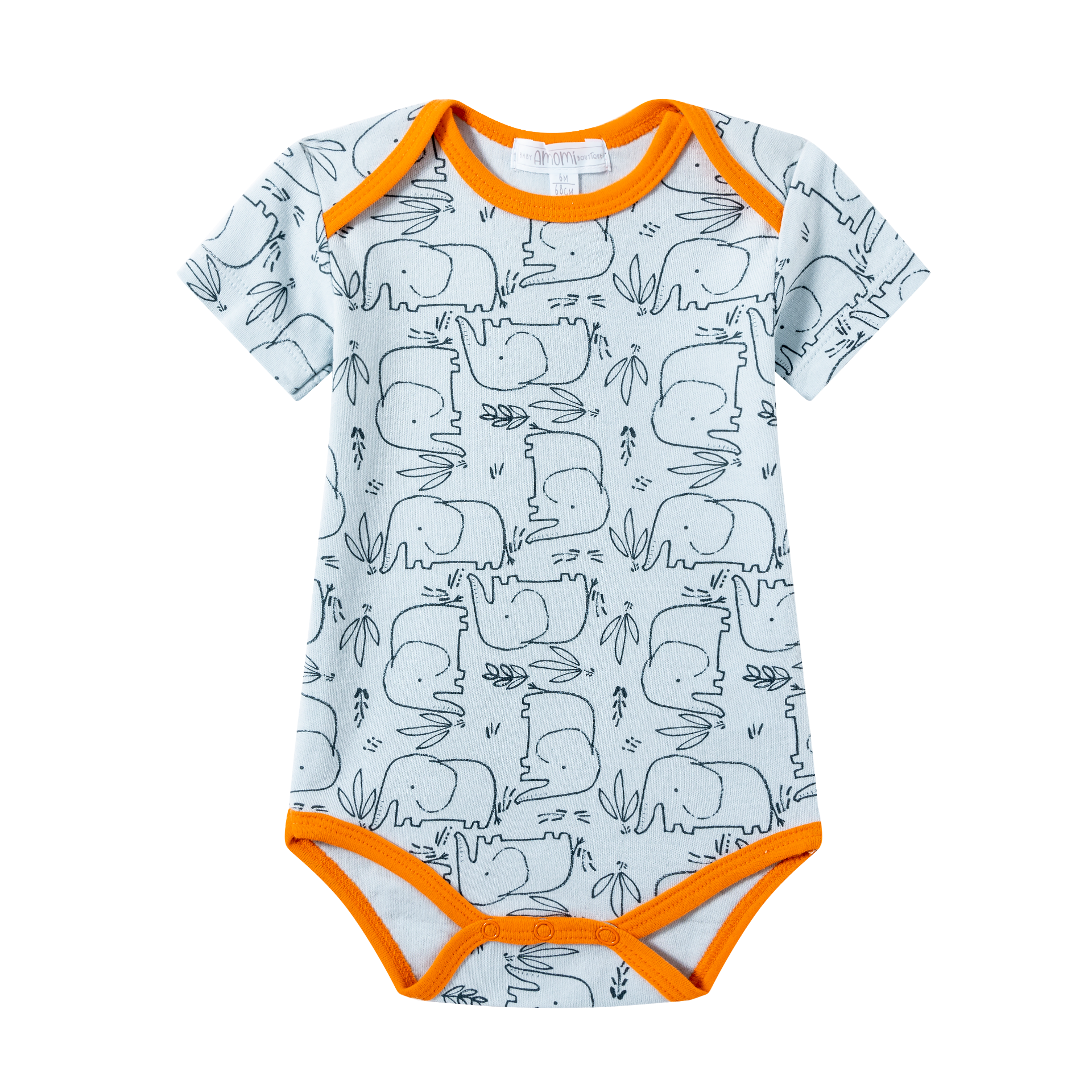Body de bebê cinzento claro com padrão de rinocerontes e contornos laranja