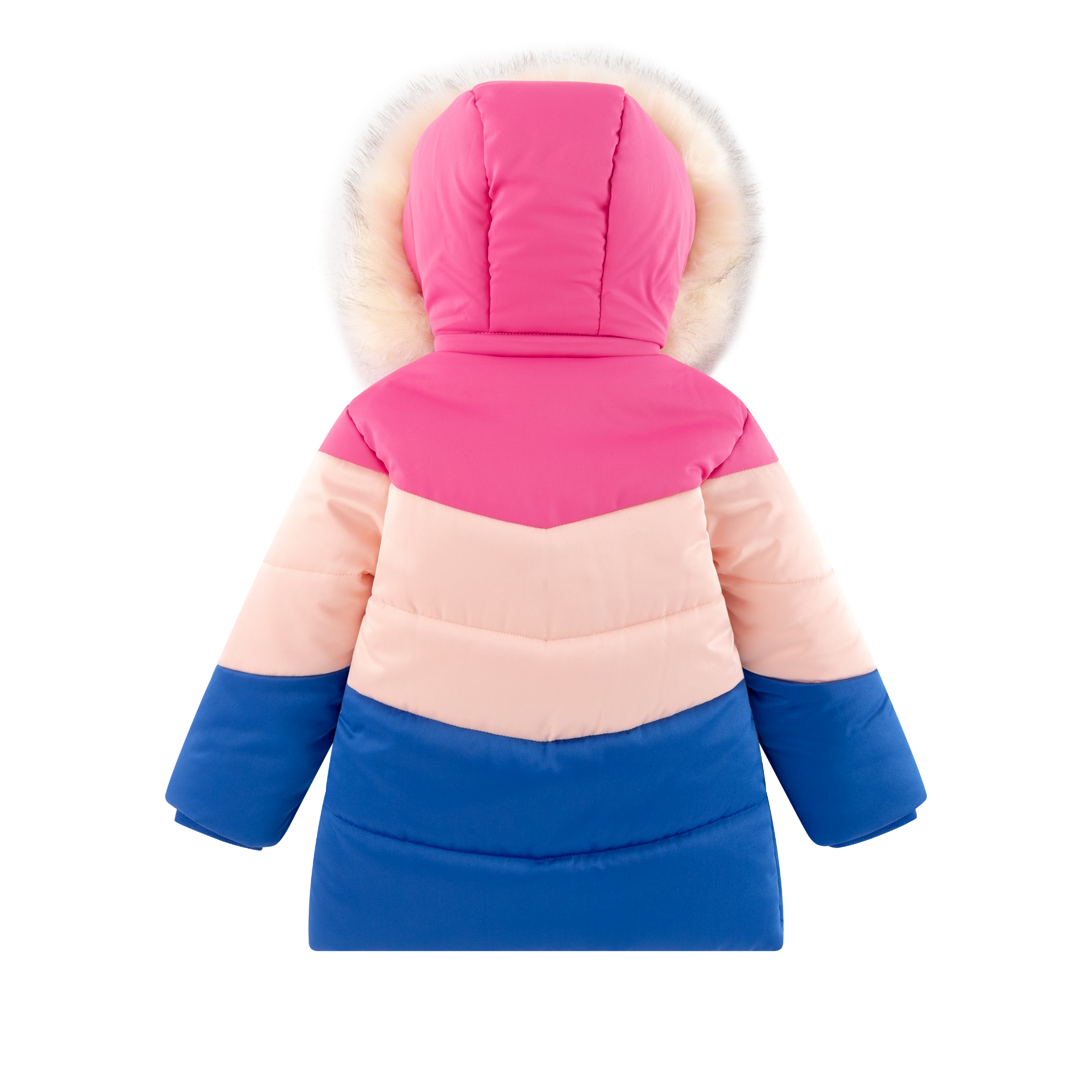 Casaco infantil acolchoado tricolor com capuz forrado com pelo sintético