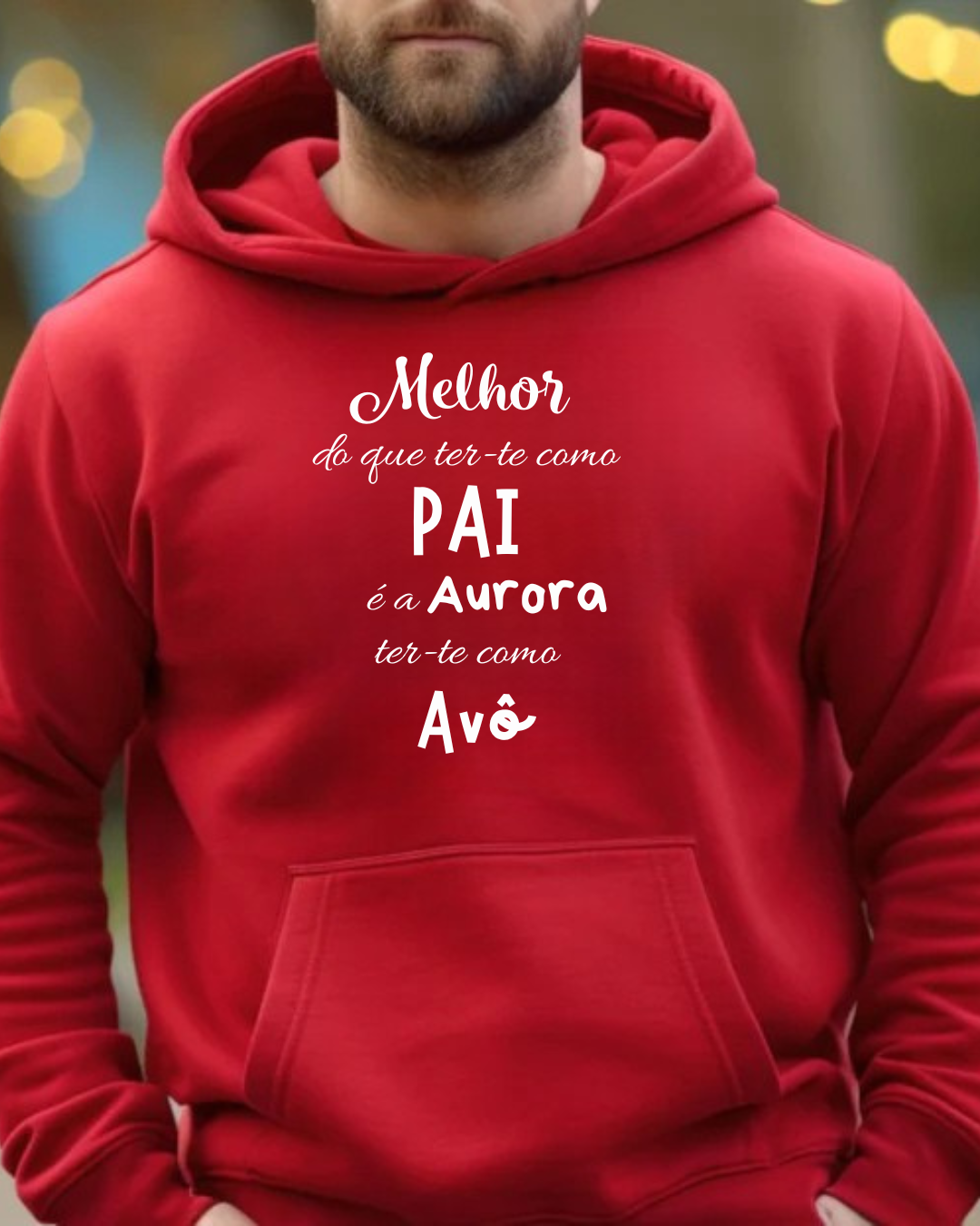 Sweatshirt vermelha com texto branco sobre a paternidade e avô