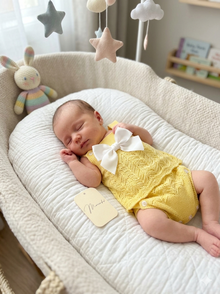 Bebé a dormir com roupão amarelo e laço branco num berço acolchoado com móbil colorido