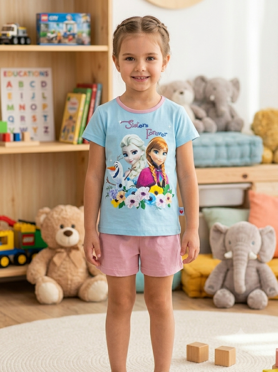 Criança com camisola azul clara estampada e calções rosa numa sala de brinquedos