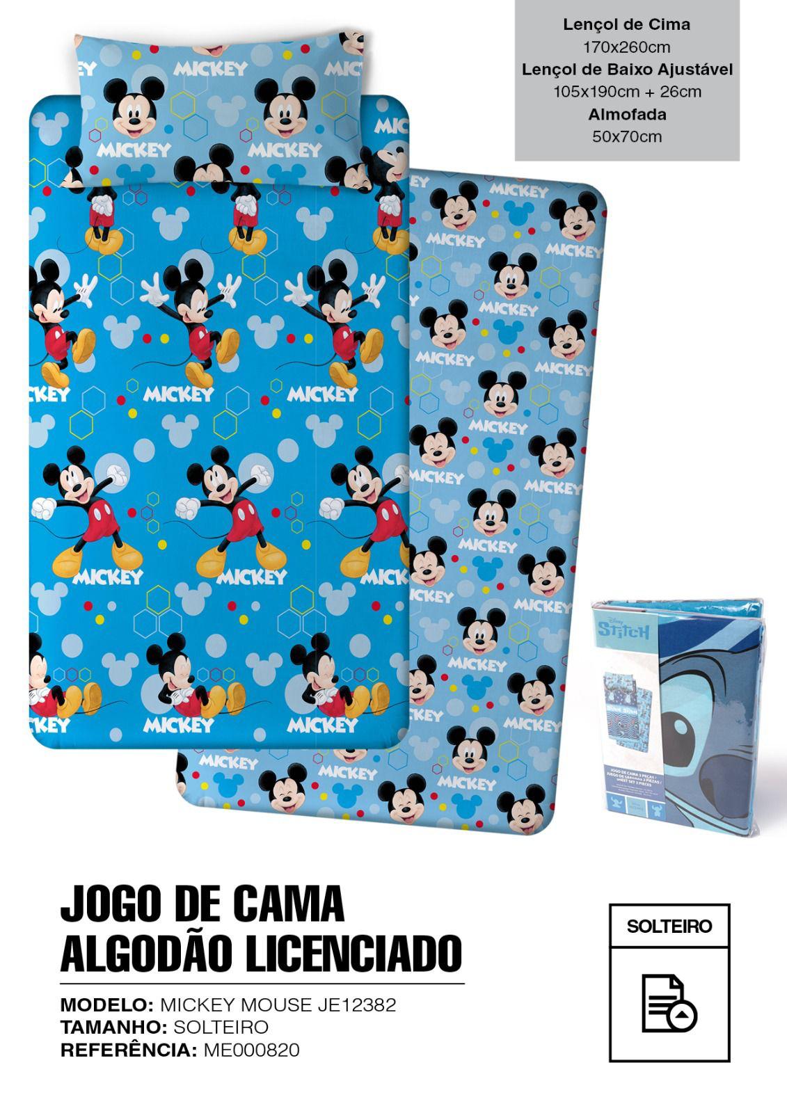 Jogo de cama Mickey Mouse com padrão azul e vermelho em algodão, embalagem incluída
