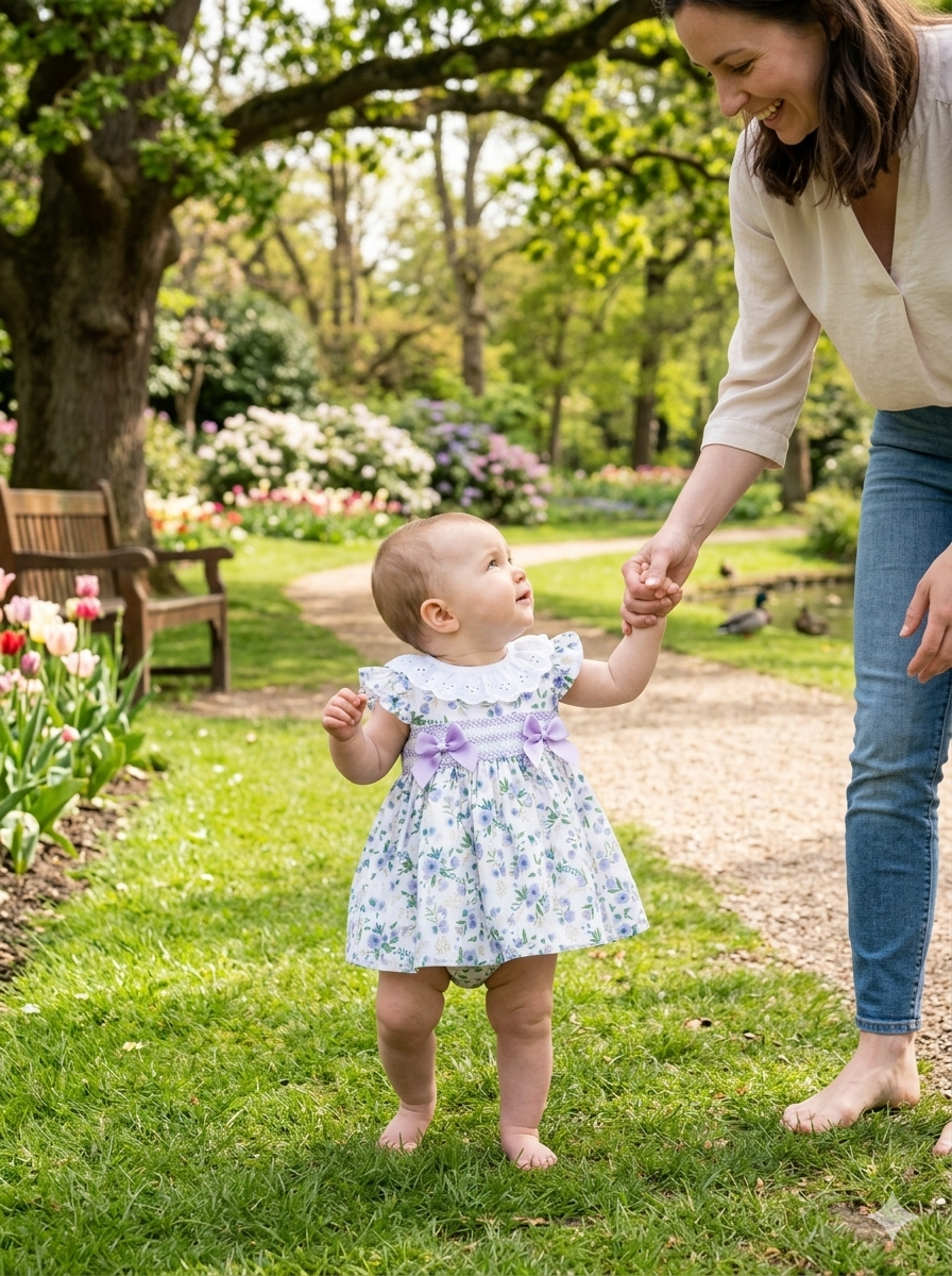 Vestido de bebé branco com padrão floral e dois laços lilás, criança a pé na relva numa parque com flores