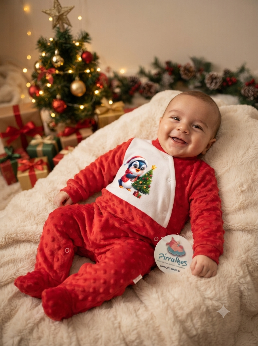Bebé sorridente em macacão vermelho e branco com pinguim e árvore de Natal, deitado em manta cremosa perto de árvore e presentes
