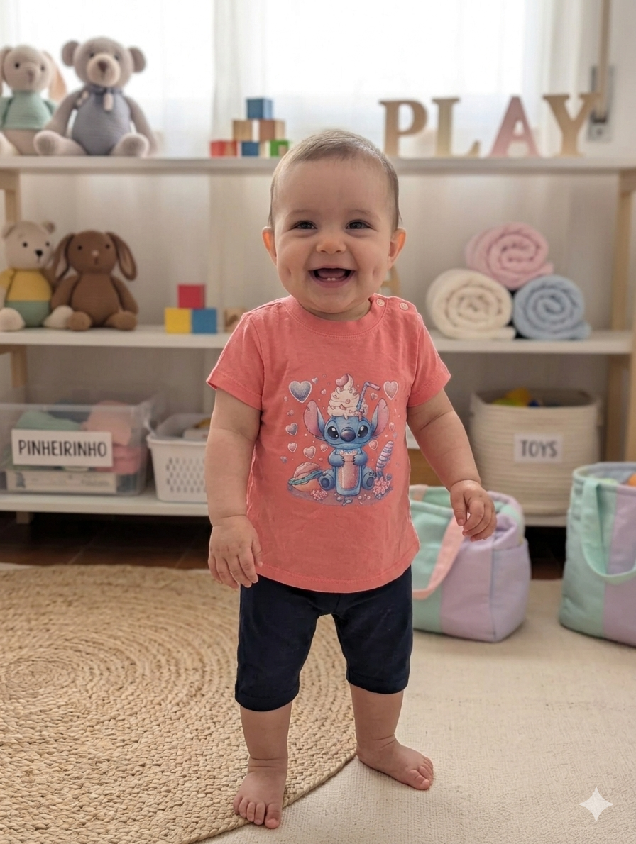 Bebé a sorrir com camisola rosa estampada e calções pretos em quarto de brincar com brinquedos e mantas