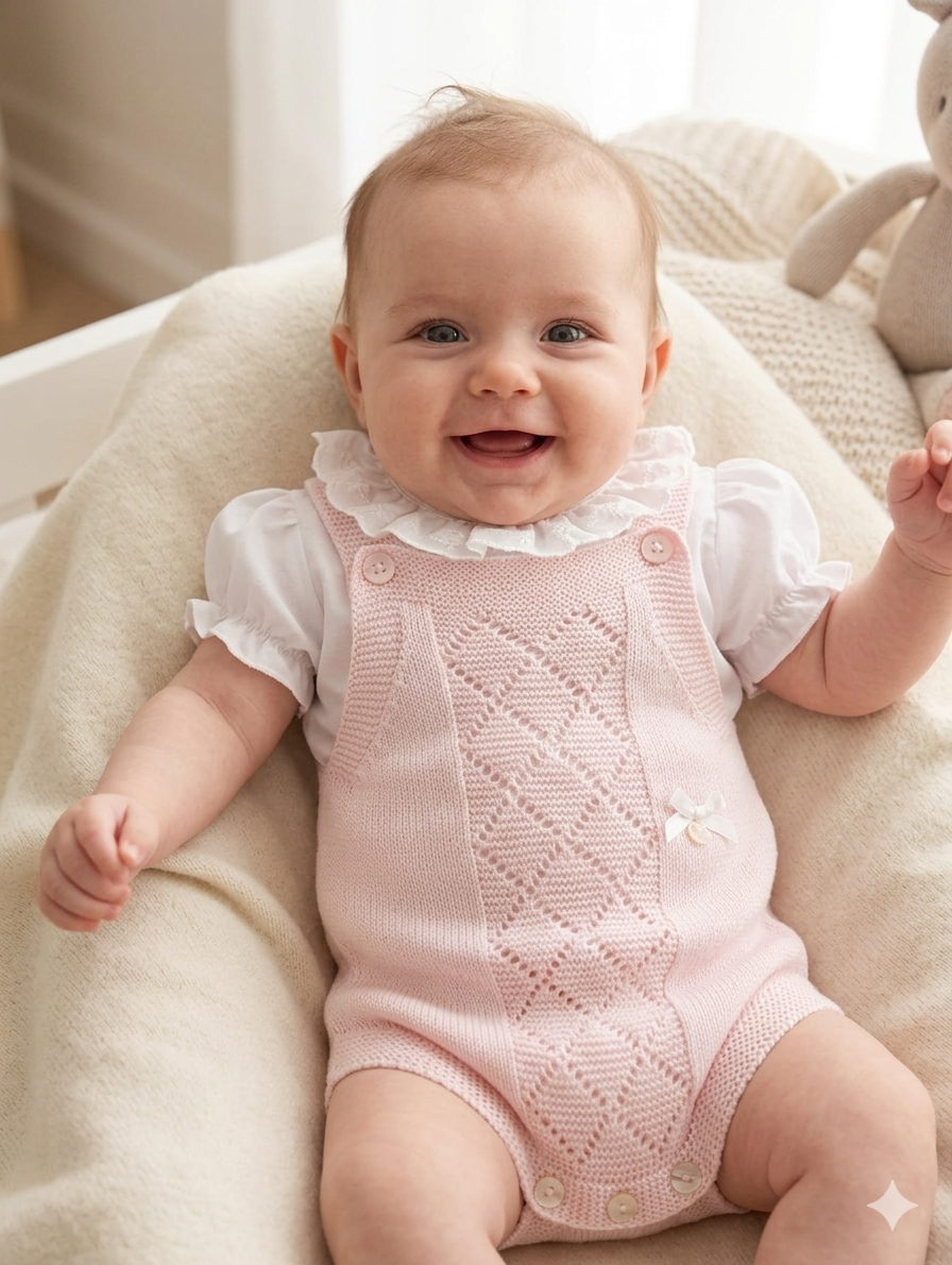 Bebé sorridente com macacão rosa de malha e camisa branca em tecido macio bege