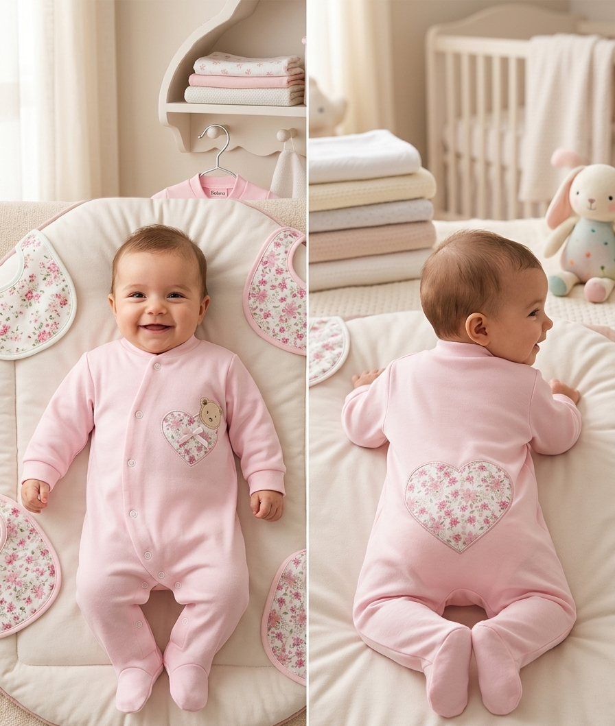 Pijama rosa para bebé com detalhes florais em forma de coração.